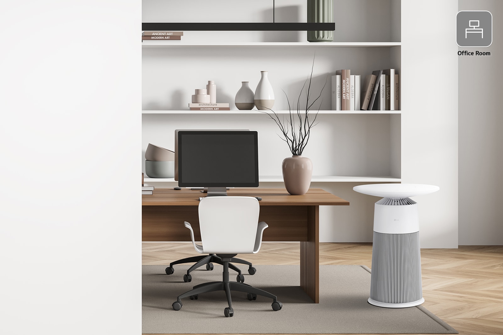 There is an environment where products are placed between a modern bookcase and an office desk to serve as interior points and work comfortably.